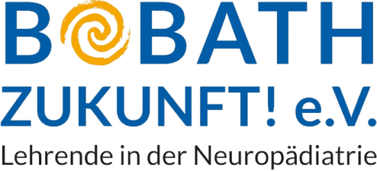 Das Bobath-Logo sagt "Bobath Zukunft! e.V." mit blauer Schrift und orangenem Wirbel, der das erste O in Bobath ersetzt. Subtitel: Lehrende in der Neuropädriatrie